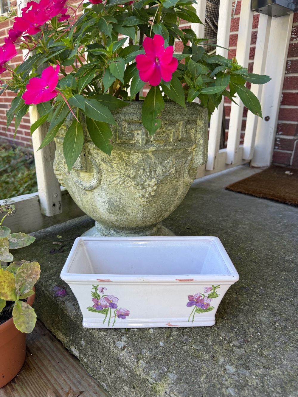 Vintage hand painted pansy flower rectangular ceramic indoor planter